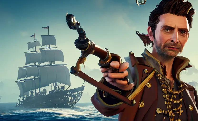 Image similar to david Tennant as a pirate on the ship in the Sea of thieves, long shot, epic composition, ultra detailed,, trending on Artstation, 8k, game screenshot, wallpaper, hyperrealistic