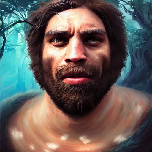 Prompt: Mrbeast as a cave man , digital art , hyperdetailed , trending on artstation , matte painting , CGSociety , pinterest