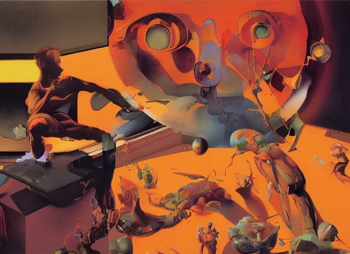 Prompt: a still from the film 2 0 0 1 : a space odyssey by francis bacon, surreal, norman rockwell and james jean, greg hildebrandt, and lucian freud, triadic color scheme, orange and turquoise and purple, by greg rutkowski, in the style of francis bacon and syd mead and edward hopper and norman rockwell and beksinski