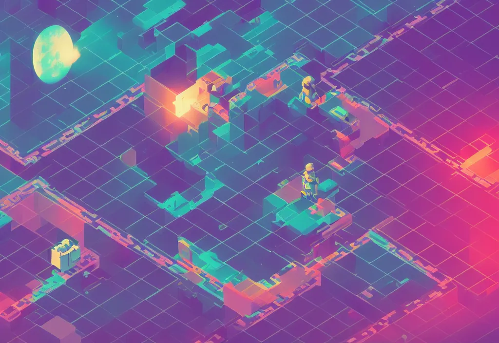 Image similar to isometric pixel art astronaut, vaporwave, cinematic lighting, 4 k