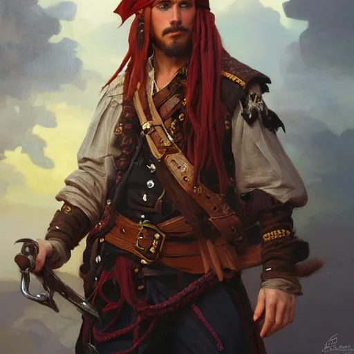 Image similar to portrait of a young pirate captain, male, masculine, handsome, upper body, red hair, long hair, cheerful, D&D, fantasy, intricate, elegant, highly detailed, digital painting, artstation, concept art, sensual, cinematic lighting, cutscene, sharp focus, illustration, art by Artgerm and Greg Rutkowski and Alphonse Mucha