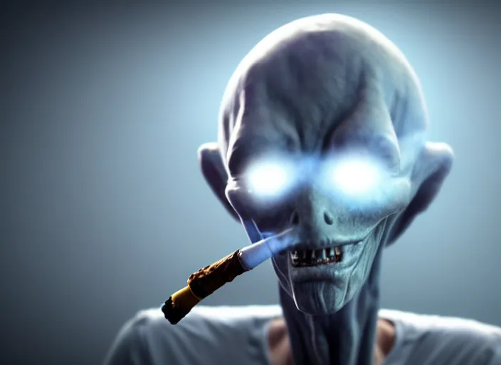 Image similar to photograph of grey alien smoking too much weed, 8k resolution, high detail, ULTRA REALISTIC VFX, reflections
