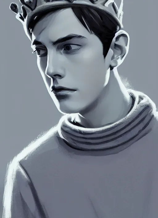 Image similar to portrait of teenage jughead jones wearing a light grey crown, crown, light grey crown, blue turtleneck, 1 9 5 0 s, closed eyes, intricate, elegant, glowing lights, highly detailed, digital painting, artstation, concept art, smooth, sharp focus, illustration, art by wlop, mars ravelo and greg rutkowski