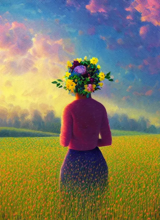 Image similar to girl with flower head, in a field with flowers, hills, big trees, sunrise dramatic light, impressionist painting, colorful clouds, digital painting, pointillism, artstation, simon stalenhag, flower head