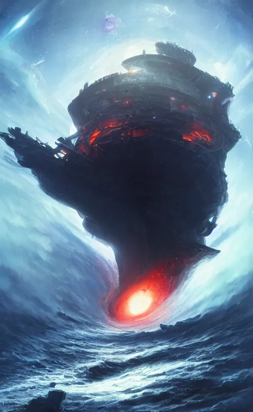 Prompt: a beautiful illustration of a black hole devouring a pirate ship in a galactic nebula, art of greg rutkowski and magali villeneuve and artgerm, featured on artstation, vertical orientation, paint brush strokes