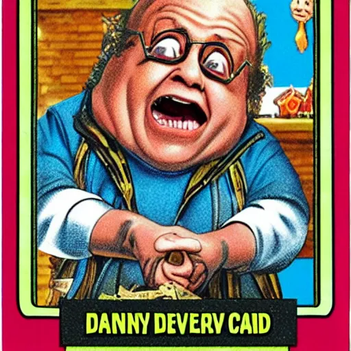 Prompt: Danny Devito garbage pail kid card