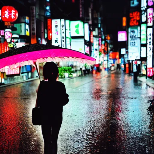 Image similar to japanese girl walking in neon japan at night under heavy rain alongside hundred of white rabbits