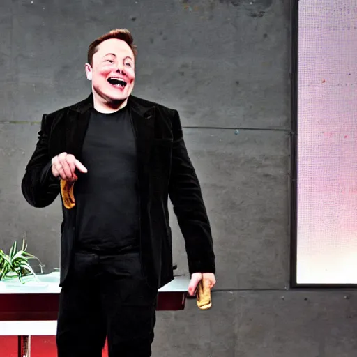 Prompt: Elon Musk excitedly eating a Slim Jim