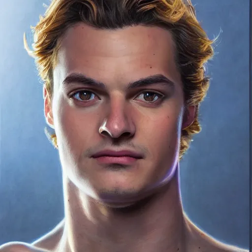 Image similar to a realistic portrait of Joe Keery in a spider-man suit, cute face, 4k, art by Donato Giancola and Bayard Wu and WLOP and Artgerm, exquisite detail, hyper realism, ornate, masterpiece, artstation