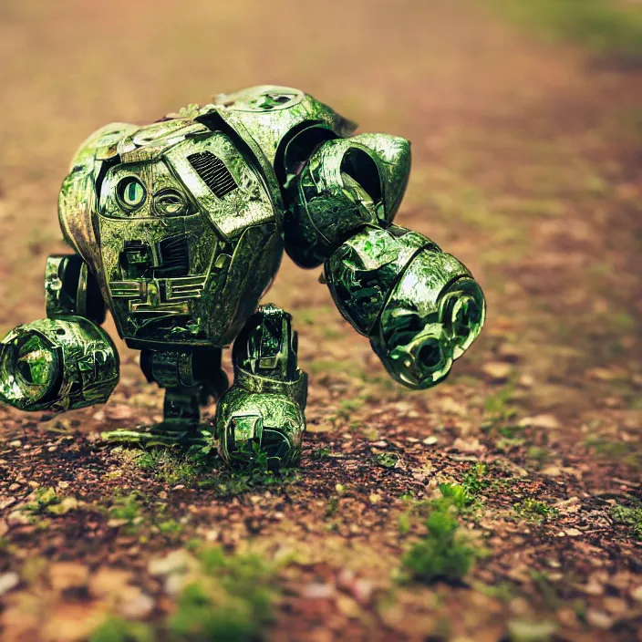 Prompt: overgrown foliage taking over a robot body on the ground, close - up, 3 5 mm, f 1. 8, bokeh, beautiful, lens flare, emotional, sweet, flowers, detailed, picture, trending on artstation, award - winning, shiny, golden