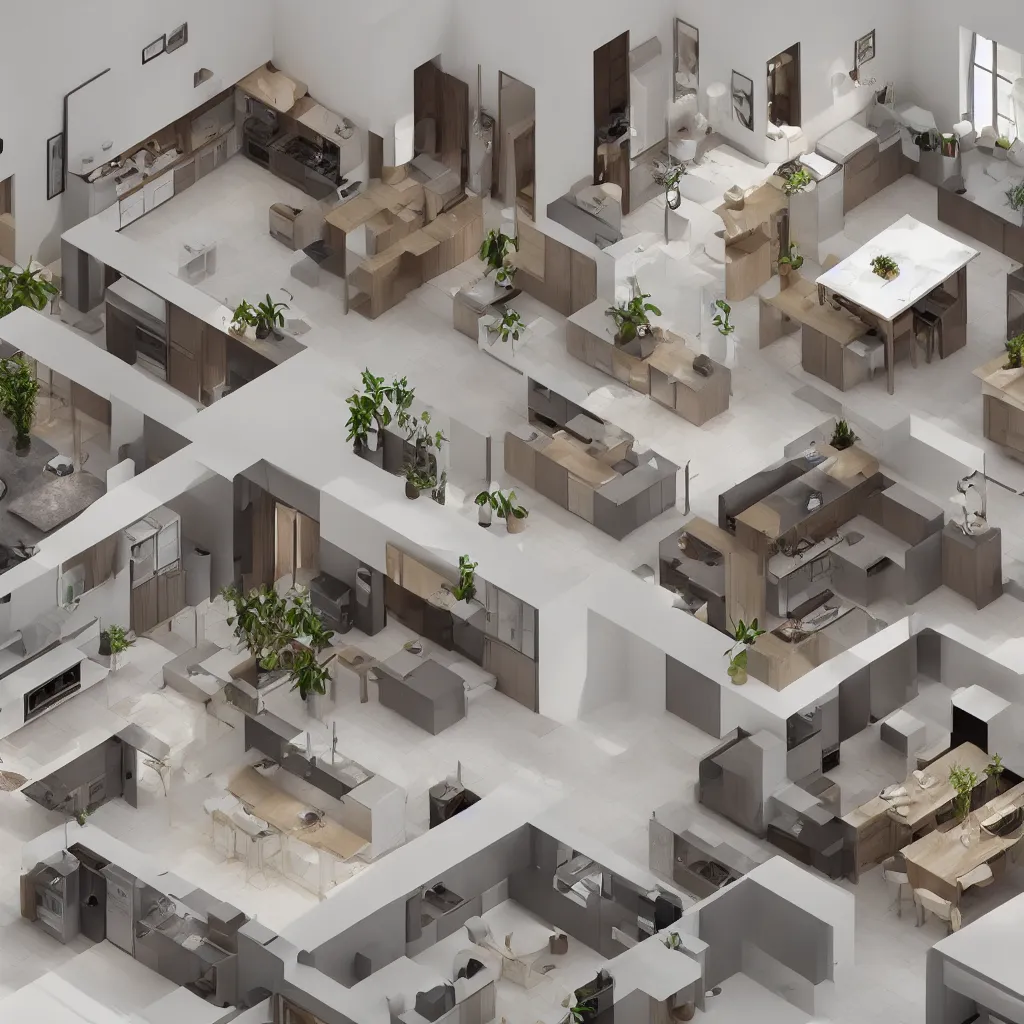 Image similar to photorealistic isometric view of a kitchen and open plan living room inside a large house