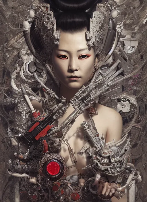 Prompt: portrait of a seductive cyborg yakuza with weapons, imari, modern fine art, fractal, in the style of ghosts in the machine, intricate ornaments, elegant, highly detailed, digital photography, subsurface scattering, by mc escher and greg rutkowski,