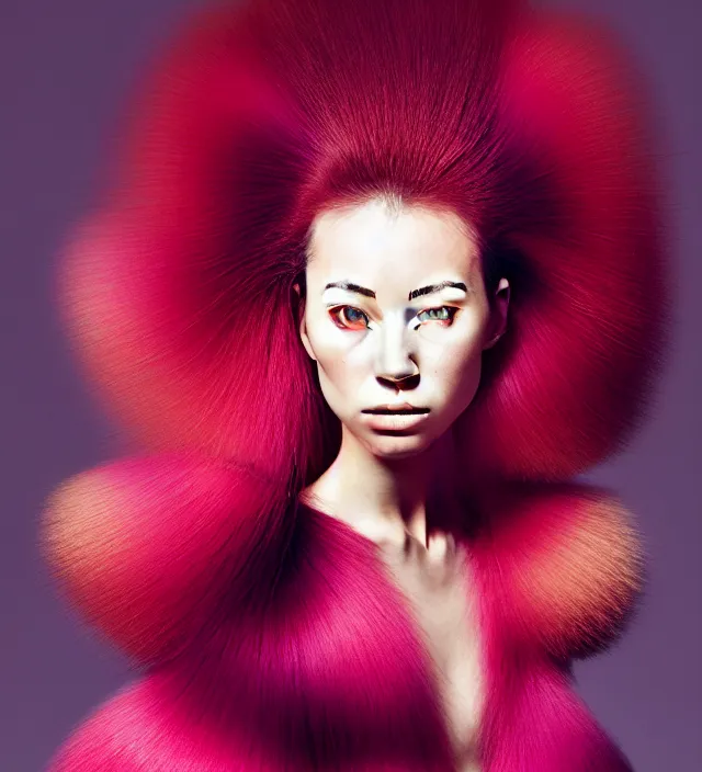 Image similar to photography portrait of stunning japanese woman with great hair style, wearing ae stunning sophisticated coat created by * iris van herpen *, with a colorfull makeup, half in shadow, natural pose, natural lighing, highly detailed, skin grain detail, photography by * paolo roversi *, lighting by * helmut newton *