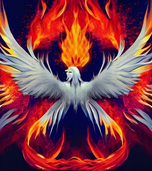 Prompt: white phoenix on flames salt crystals simple background simplified stylised poster art neat graphic design style holistic