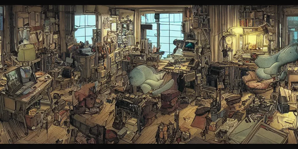 Prompt: writer's room, many screens, incredibly creative atmosphere, cameras, cinema, cinematic illustration by moebius, masterpiece