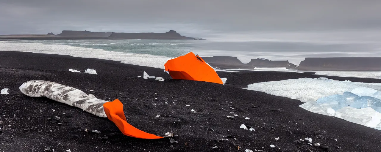 Prompt: cinematic shot of giant orange and white military spacecraft wreckage on an endless black sand beach in iceland with icebergs in the distance, 2 8 mm, shockwave