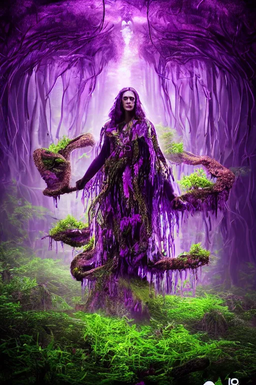 Image similar to Shaman of the purple forest, neon cloak, mycelium, fungi, vines, ultradetailed, volumetric lighting, 4k UHD, film poster.