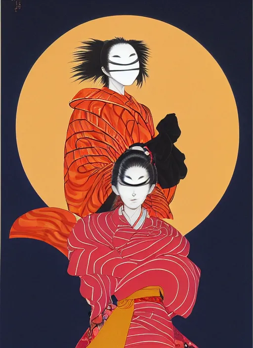 Image similar to portrait of a woman with a mask on his face in the form of a spiral in a golden kimono, full face, against the background of a bright red moon, sad motif, by hisashi eguchi, kentaro miura, and yoshitaka amano, soft colors, futuristic, 8 k