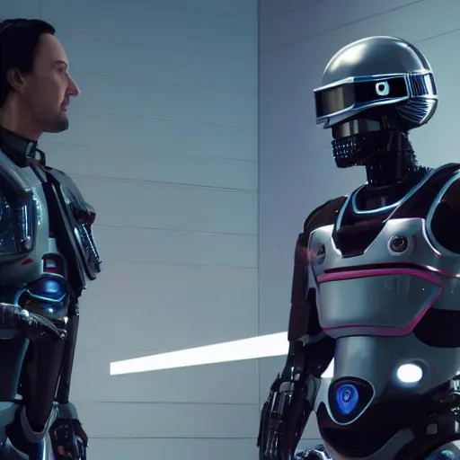 Prompt: ultra realist render of robocop facing keanu reeves in cyberpunk 2 0 7 7, symmetry accurate features, focus, very intricate ultrafine details, aqua volumetric lights, award winning masterpiece, octane render 8 k hd