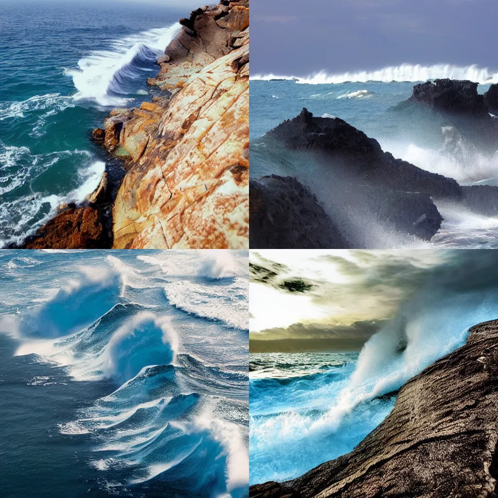 Prompt: giant ocean waves made of rock,