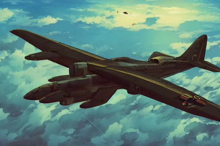 Image similar to dieselpunk digital illustration of a jet powered ekranoplan flying low across a topical gulf by makoto shinkai, ilya kuvshinov, lois van baarle, rossdraws, basquiat