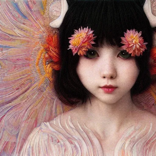 Prompt: white cat girl, botanical, sunfoler, portrait face, colorful, frantisek kupka, intricate, miles johnston, kuroda seiki, cynical realism, ozabu, john william godward, painterly, yoshitaka amano, moebius, miles johnston, louise zhang, james jean, mark ryden lowbrow pop surrealism art style