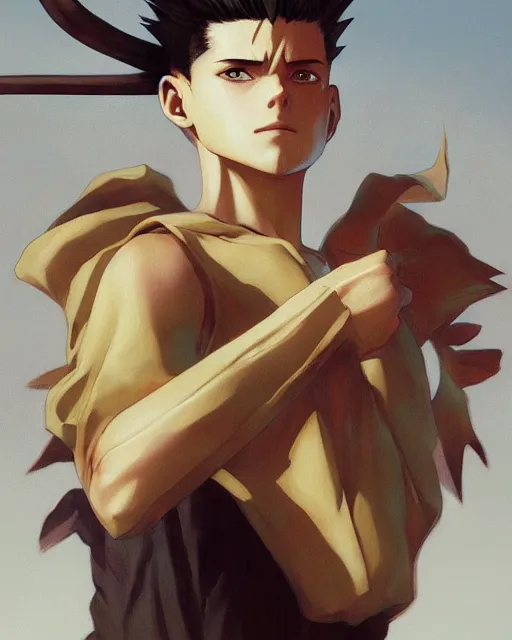 Image similar to Gon from Hunter x Hunter oil on canvas, artstation, by J. C. Leyendecker and Edmund Blair Leighton and Charlie Bowater, octane