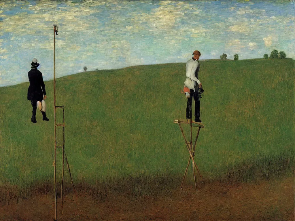 Prompt: painter with canvasses walking on stilts in the age of mechanical germination. painting by bruegel, monet, agnes pelton, max ernst, rene magritte,