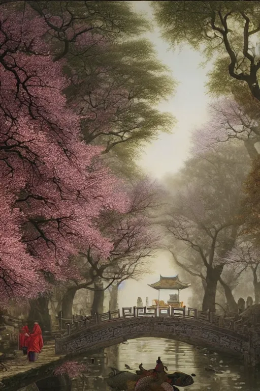 Image similar to a street in a ancient chinese characteristics. it has a high degree of fantasy. cherry blossom forest, there are pavilions in the air, koi jumping in the air, and fairy birds and animals such as cranes and deer coexist with people. it is the life scene of the ancient people, a detailed matte painting by christophe vacher and albert bierstadt