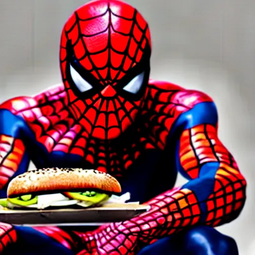 Prompt: barrack obama as spiderman, sitting on the iron throne, eating a burger, anatomically correct