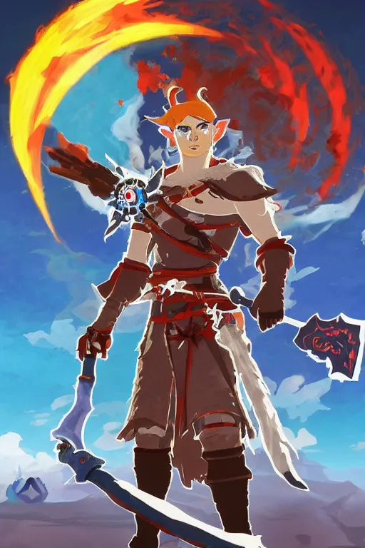 Image similar to an in game portrait of zagreus from hades in the legend of zelda breath of the wild, breath of the wild art style.