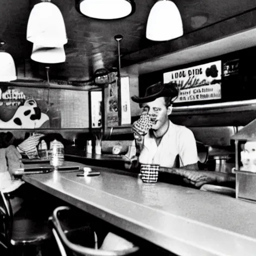 Prompt: photo of a cow eating a hamburger in a 1950's diner.