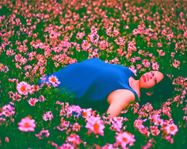 Prompt: oversaturated, burned, light leak, expired film, photo of a girl laying in a field of busy flowers