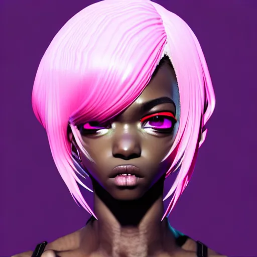 Prompt: portrait of black anime manga girl, boxer punch pose, french bob hair, white hair, wearing camo, purple eyes, by gustave dore, vaporwave colors, lofi colors, vaporwave, lofi, goth vibe, 4 k, smooth, hd, substance designer render, full body character concept art, symmetrical, 2 point lighting,