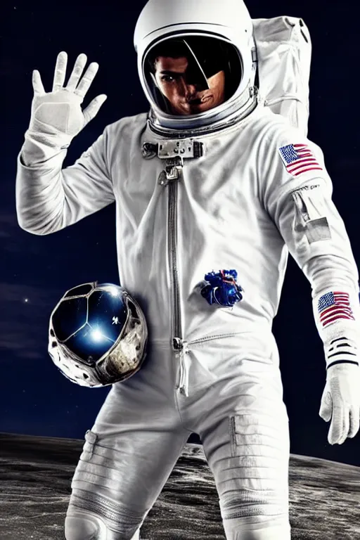 Image similar to portrait of cristiano ronaldo with astronaut armor and helmet, majestic, solemn