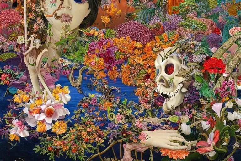 Prompt: complex and beautiful japanese garden full of flowers by james jean and salvador dali and shusei nagaoka, oil on canvas, apple skull, evangelion, eva unit 0 1, exquisitely intricate details, surrealism, neoclassicism, renaissance, hyper realistic, ultra detailed, cell shaded, 8 k