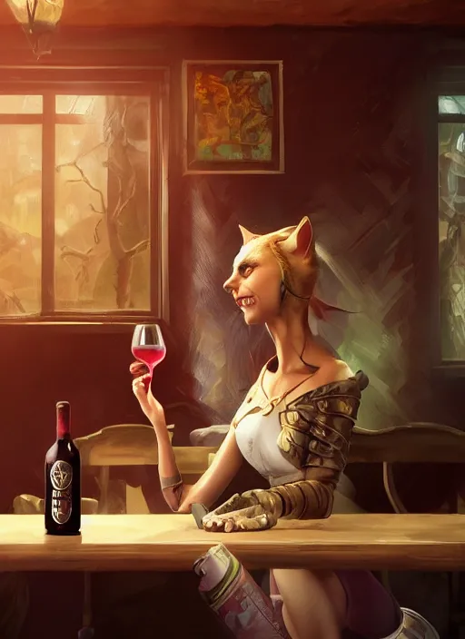 Image similar to An epic fantasy comic book style portrait painting of a cat drinks wine in cafe background, unreal 5, DAZ, hyperrealistic, octane render, cosplay, RPG portrait, dynamic lighting