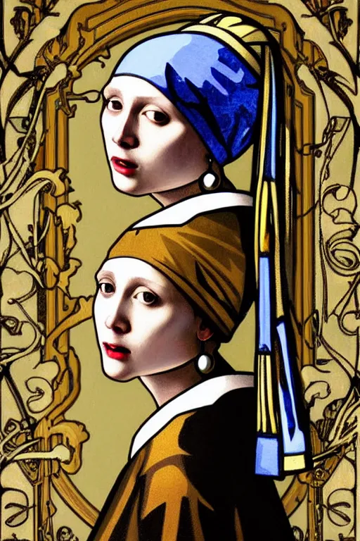 Prompt: Girl with a pearl earring realistic detailed by Alphonse Mucha, Art Nouveau, Neo-Gothic, gothic, rich deep moody colors background.