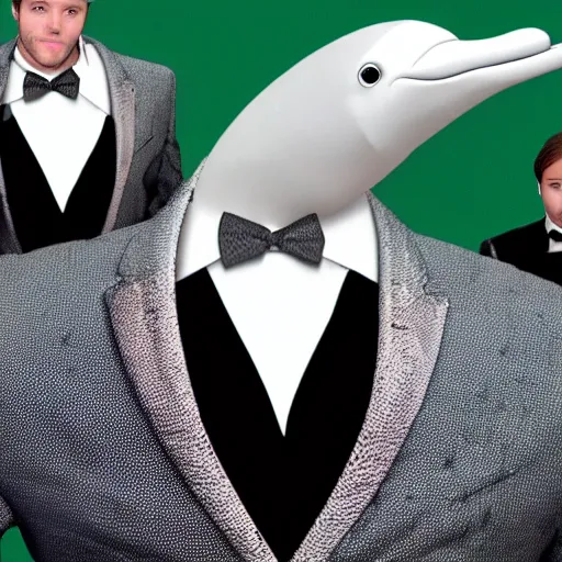 Prompt: dolphin head on a human body, wearing a tuxedo