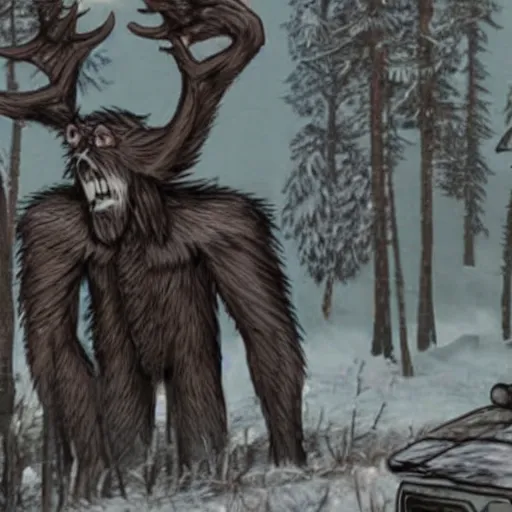 Image similar to realistic found cctv footage of wendigo sighting