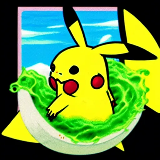 Image similar to pikachu surfing on a wave made of green slime, pokemon tcg image, trending on artstation