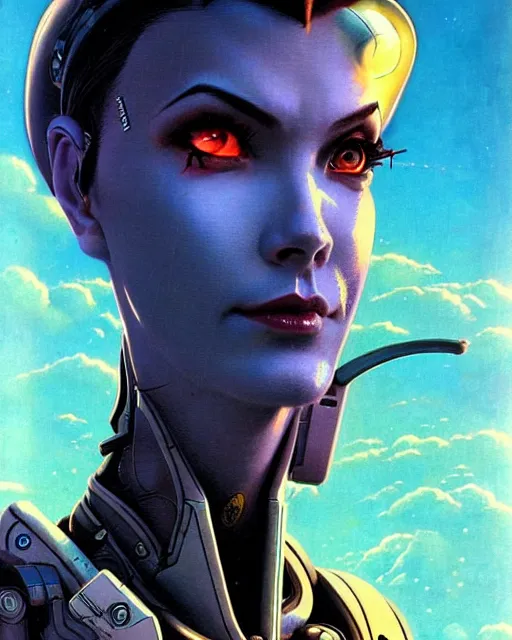 Image similar to widowmaker from overwatch, character portrait, portrait, close up, concept art, intricate details, highly detailed, vintage sci - fi poster, retro future, in the style of chris foss, rodger dean, moebius, michael whelan, and gustave dore