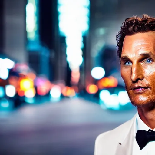 Image similar to a still of matthew mcconaughey . Shallow depth of field. City at night in background, lights, colors ,studio lighting, mood, 4K. Profession photography