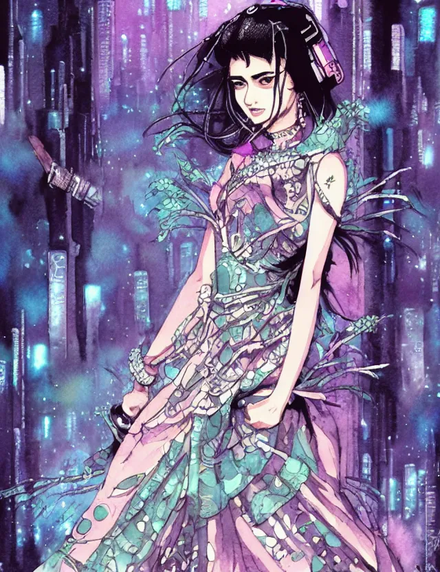 Image similar to south asian scifi princess of the lichen woods, wearing a lovely dress with cyberpunk elements. this watercolor painting by the award - winning mangaka has an interesting color scheme, plenty of details and impeccable lighting.