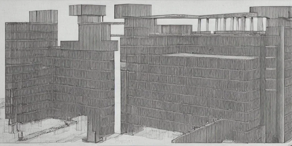 Image similar to brutalist building facing. yugoslavia, le corbusier, central symmetry, highly detailed, golden ratio, black and white color scheme, etching render