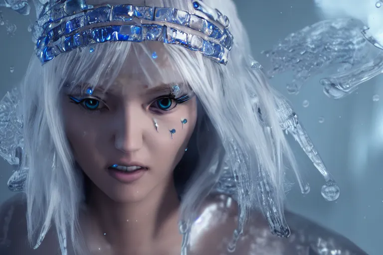 Prompt: HD render of Malevolent Ice Queen with ice droplets on forehead in the style of Artstation, Unreal Engine, photorealistic, reflective
