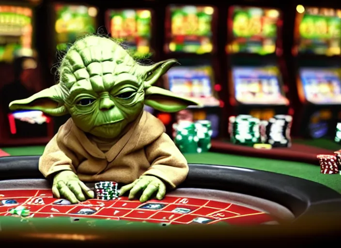 Image similar to film still of yoda gambling in Vegas in the new Star Wars movie, 4k