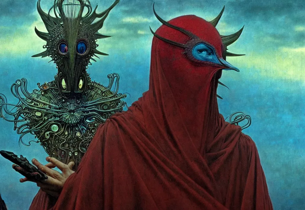 Image similar to realistic detailed portrait movie still of a birdman wearing dark robes, surreal sci fi landscape background by denis villeneuve, amano, yves tanguy, alphonse mucha, ernst haeckel, max ernst, roger dean, masterpiece, rich moody colours, blue eyes, snarling dog teeth