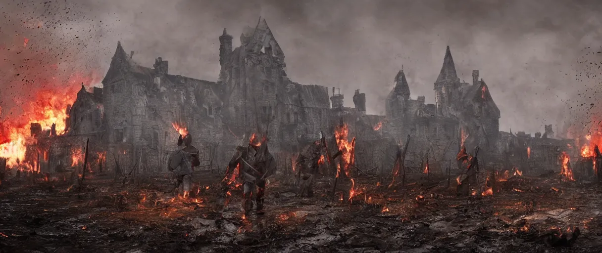 Prompt: burning village houses in the background, dead bodies in mud, body parts, one knight standing alone, sanguinary blood splatters, castle in background, flying mud, debris, boots, smoke, field, wet, dawn, partly cloudy, cold breath, hyper realistic, octane render, hyper detailed, cinematic, medium shot