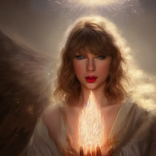 Prompt: taylor swift as a heavenlh angel showing seeds of happiness, clear face, focus, magical world, by greg rutkowski, sung choi, photo realistic, 8 k, cinematic lighting, hd, atmospheric, hyperdetailed, trending on artstation, devainart, digital painting, glow effect